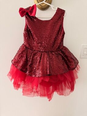 Lola + The Boys Red Sequin Tulle Peplum Dress with Bow